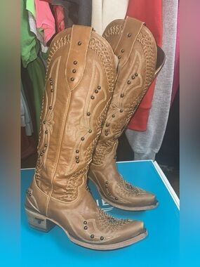 Studded Tan Western Knee-High Leather Boots